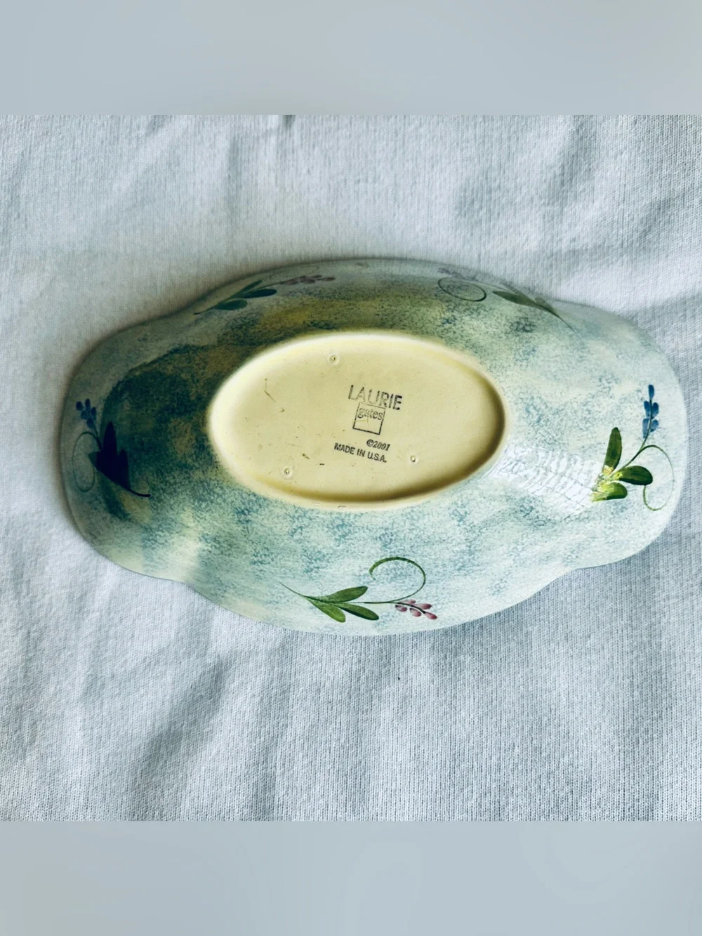 Laurie Gates Hand-Painted Floral Ceramic Dish in Cream with Pink & Blue Flowers
